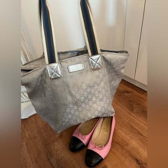 GUCCI Shoulder Tote Bag GG Canvas Leather Silver Authentic - Picture 1 of 16